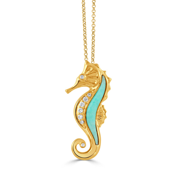 18K YELLOW GOLD DIAMOND SEA HORSE PENDANT WITH AMAZONITE