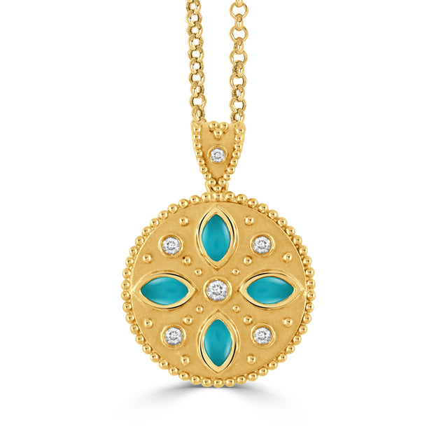 18K YELLOW GOLD DIAMOND PENDANT WITH CABUCHON CUT CLEAR QUARTZ OVER TURQUOISE