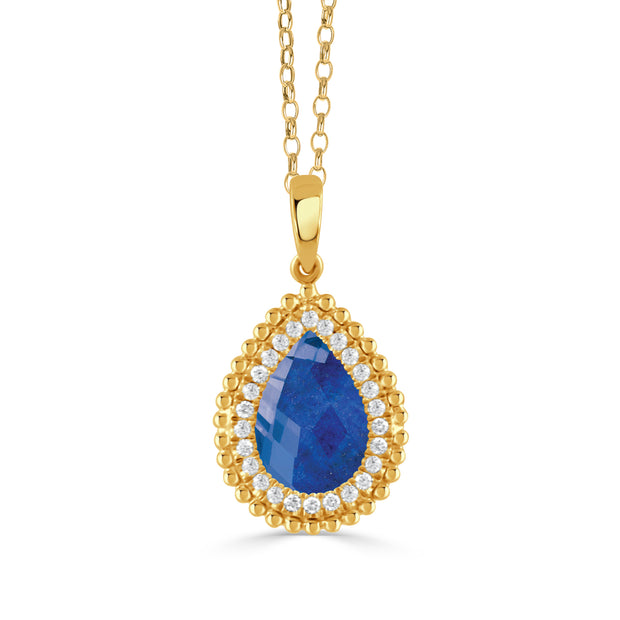 18K YELLOW GOLD DIAMOND PENDANT WITH CLEAR QUARTZ OVER LAPIS