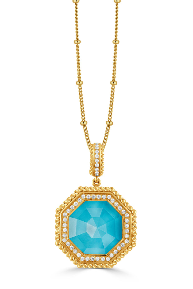 18K YELLOW GOLD DIAMOND PENDANT WITH STEP CUT CLEAR QUARTZ OVER TURQUOISE