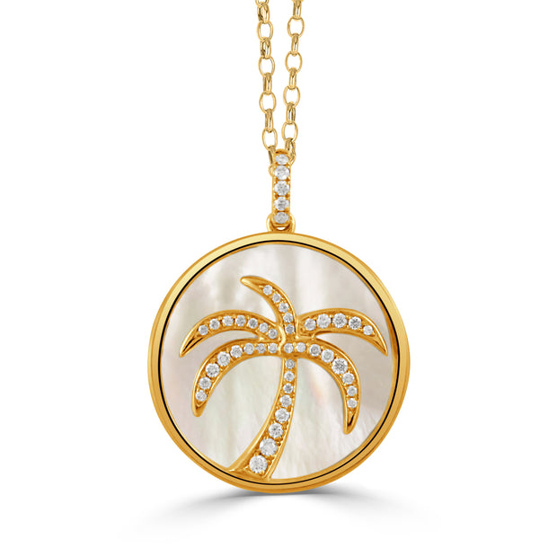 18K YELLOW GOLD DIAMOND PALM TREE PENDANT WITH WHITE MOTHER OF PEARL