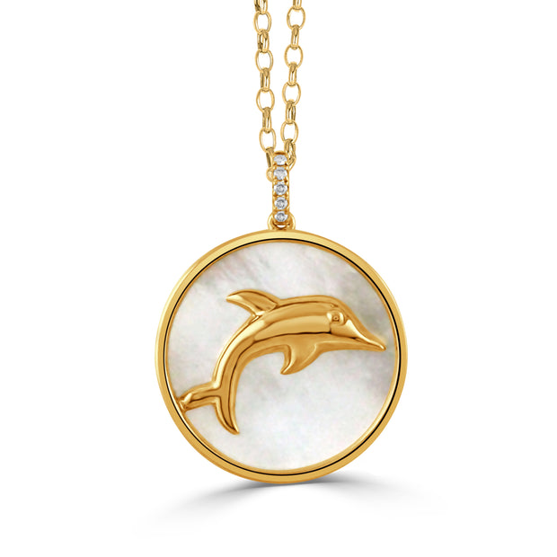 18K YELLOW GOLD DIAMOND DOLPHIN MEDALLION PENDANT WITH WHITE MOTHER OF PEARL