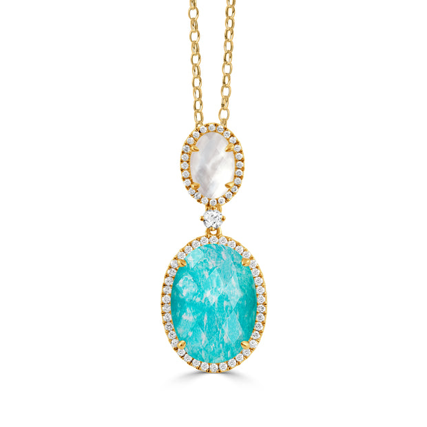 18K YELLOW GOLD DIAMOND PENDANT WITH CLEAR QUARTZ OVER WHITE MOTHER OF PEARL TOP AND CLEAR QUARTZ OVER AMAZONITE BOTTOM