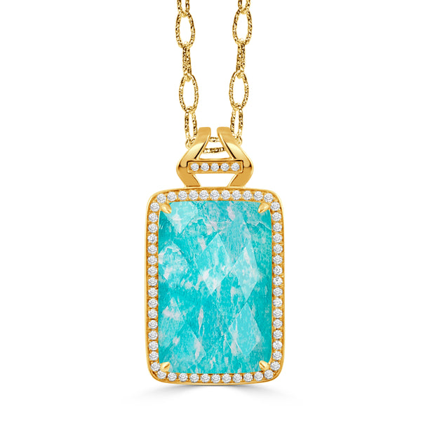 18K YELLOW GOLD PENDANT WITH CLEAR QUARTZ OVER AMAZONITE (CHECKER CUT)