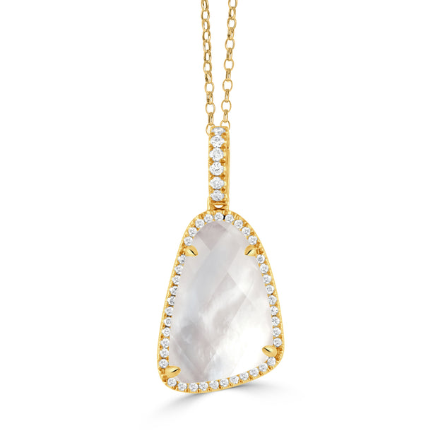 18K YELLOW GOLD DIAMOND PENDANT WITH CLEAR QUARTZ OVER WHITE MOTHER OF PEARL