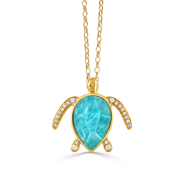 18K YELLOW GOLD DIAMOND SEA TURTLE PENDANT WITH CLEAR QUARTZ OVER AMAZONITE