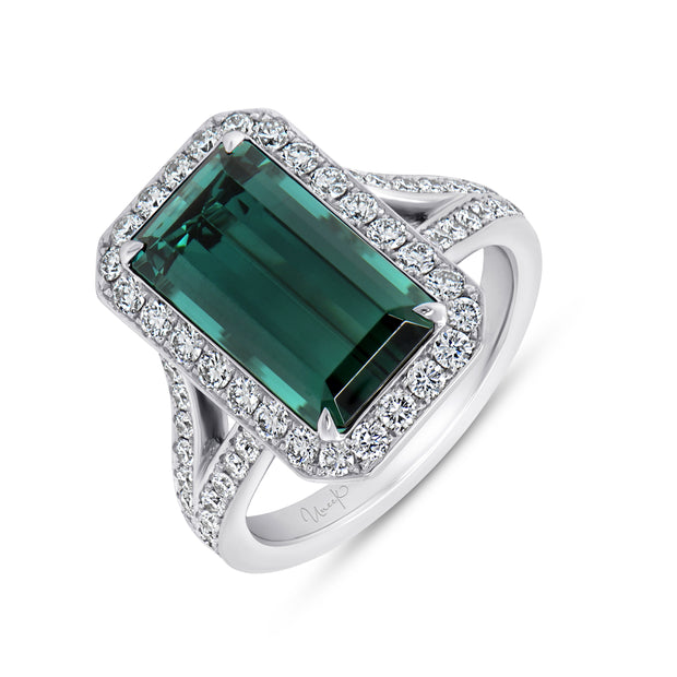 Uneek Precious Collection Split-Shank Emerald Cut Green Tourmaline Engagement Ring