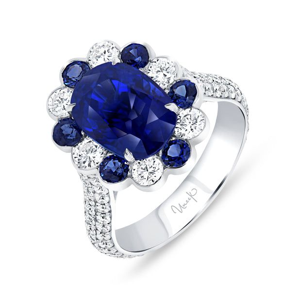 Uneek Precious Collection Halo Cushion Cut Blue Sapphire Engagement Ring