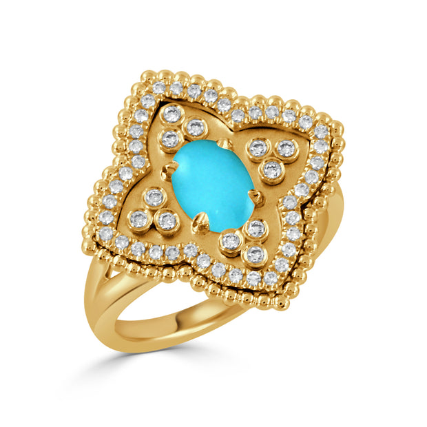 18K YELLOW GOLD DIAMOND RING WITH CABUCHON CUT CLEAR QUARTZ OVER TURQUOISE