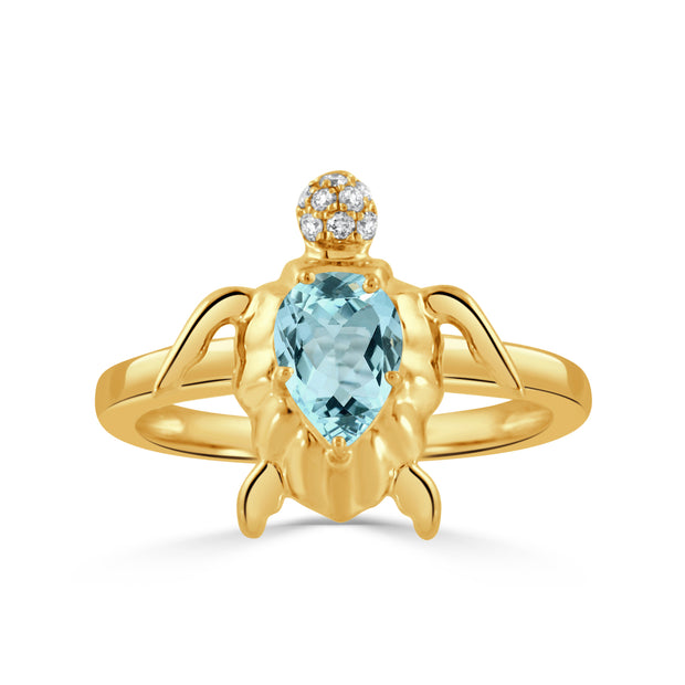 18K YELLOW GOLD DIAMOND SEA TURTLE RING WITH SKY BLUE TOPAZ