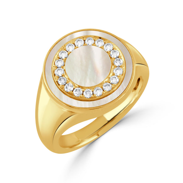 18K YELLOW GOLD DIAMOND RING WITH WHITE MOTHER OF PEARL