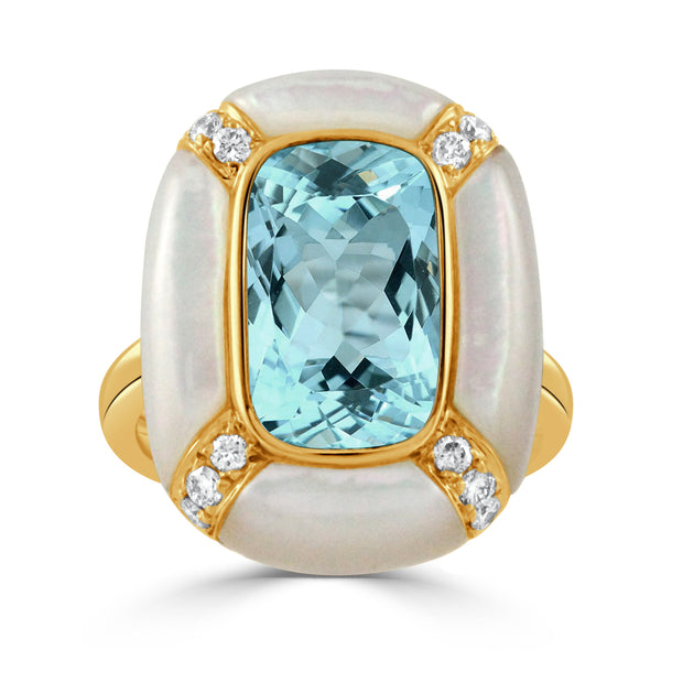 18K YELLOW GOLD DIAMOND RING WITH WHITE MOTHER OF PEARL BORDERS AND SKY BLUE TOPAZ CENTER STONE