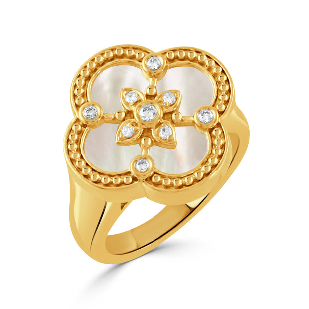 18K YELLOW GOLD DIAMOND RING WITH WHITE MOTHER OF PEARL