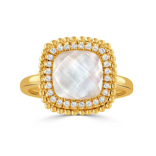 18K YELLOW GOLD DIAMOND RING WITH CLEAR QUARTZ OVER WHITE MOTHER OF PEARL