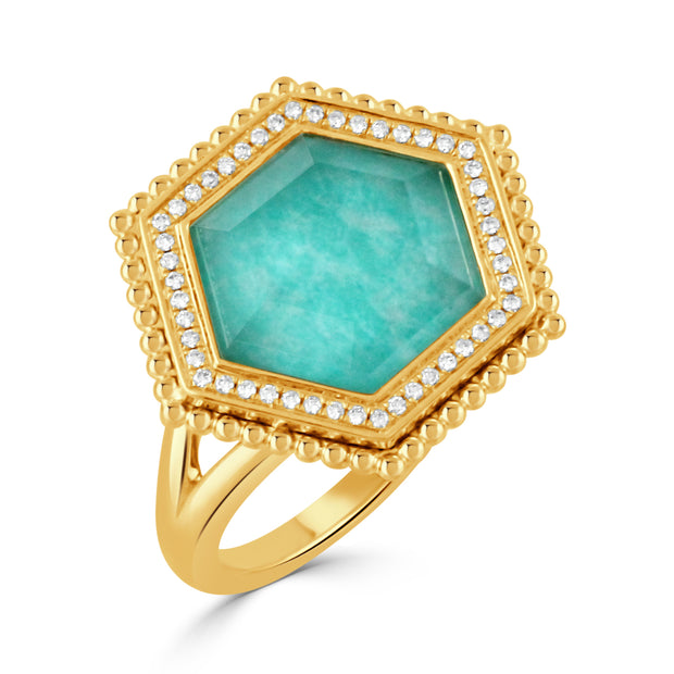 18K YELLOW GOLD DIAMOND RING WITH STEP CUT CLEAR QUARTZ OVER AMAZONITE