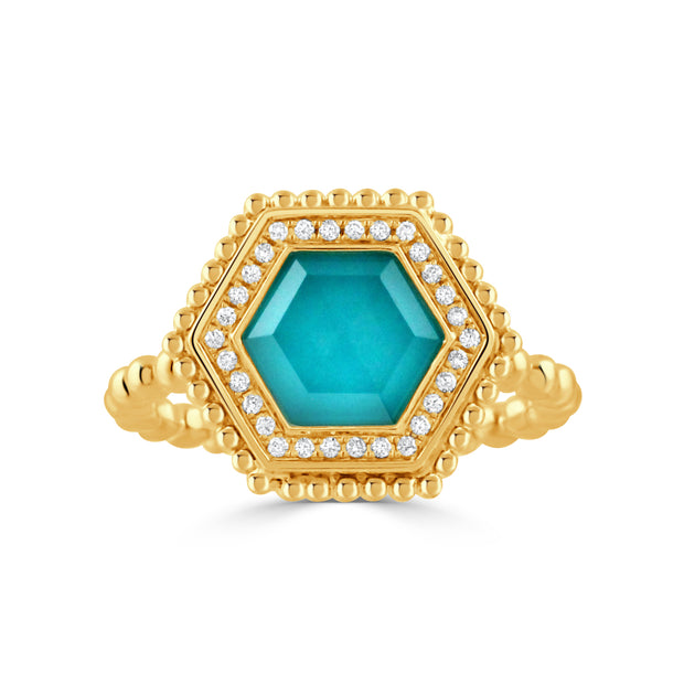 18K YELLOW GOLD DIAMOND RING WITH CLEAR QUARTZ OVER TURQUOISE