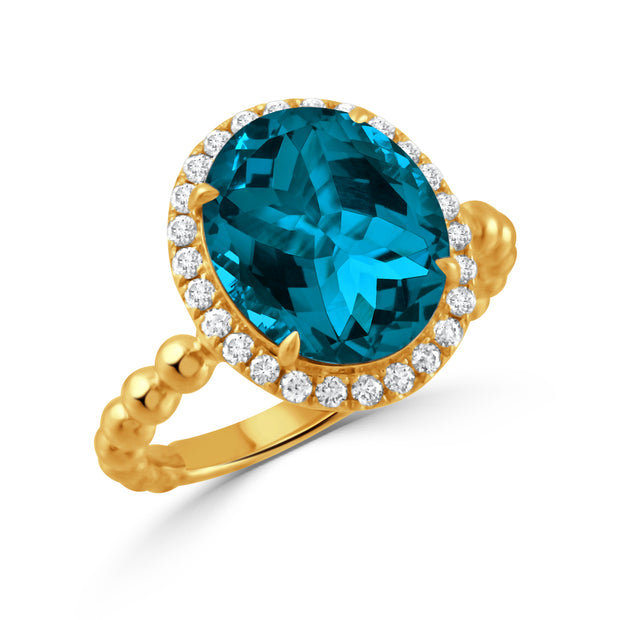 18K YELLOW GOLD DIAMOND RING WITH LONDON BLUE TOPAZ CENTER STONE