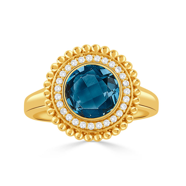 18K YELLOW GOLD DIAMOND RING WITH LONDON BLUE TOPAZ CENTER STONE