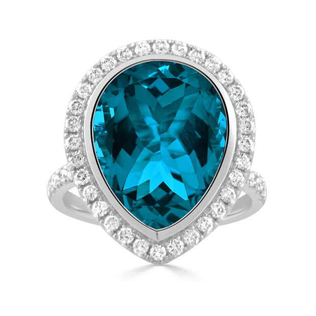 18K WHITE GOLD DIAMOND RING WITH LONDON BLUE TOPAZ