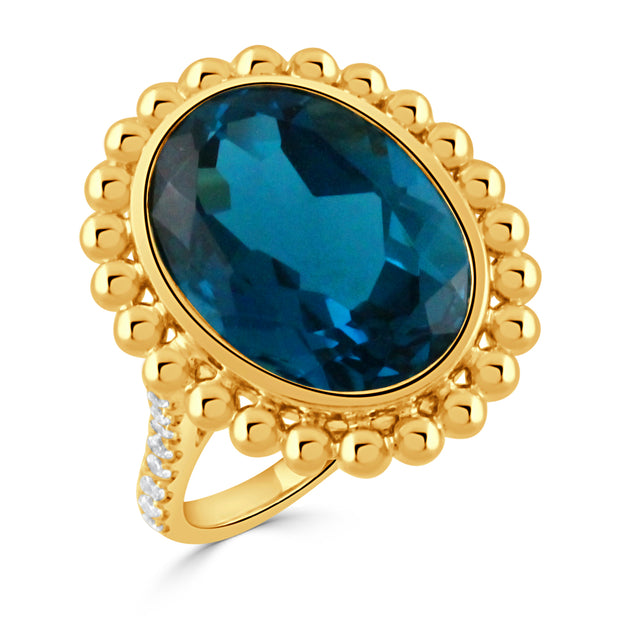 18K YELLOW GOLD DIAMOND RING WITH LONDON BLUE TOPAZ CENTER STONE