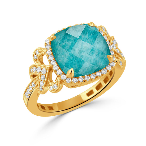 18K YELLOW GOLD DIAMOND RING WITH CLEAR QUARTZ OVER AMAZONITE