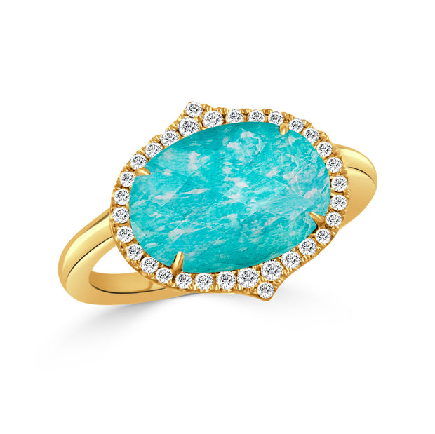 18K YELLOW GOLD DIAMOND RING WITH CLEAR QUARTZ OVER AMAZONITE WITH NO DIAMONDS ON SHANK