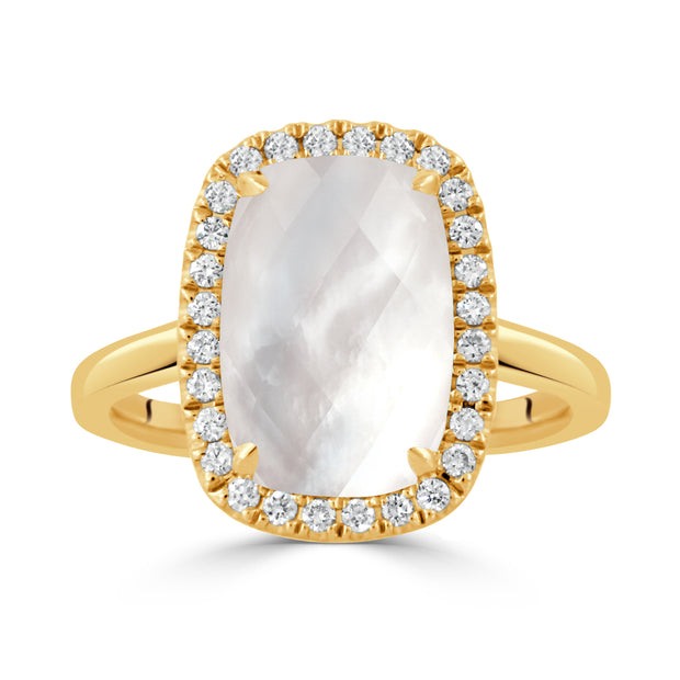 18K YELLOW GOLD DIAMOND RING WITH CLEAR QUARTZ OVER WHITE MOTHER OF PEARL. NO DIAMOND ON SHANK.