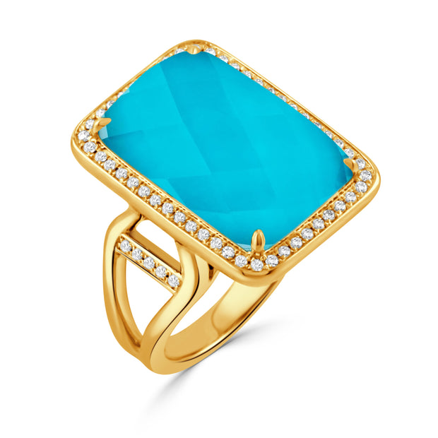 18K YELLOW GOLD RING WITH CLEAR QUARTZ OVER TURQUOISE