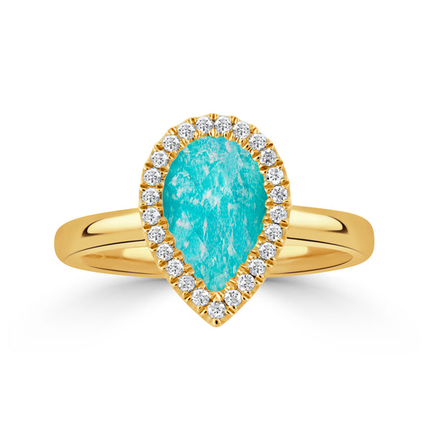 18K YELLOW GOLD DIAMOND RING WITH CLEAR QUARTZ OVER AMAZONITE