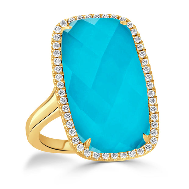 18K YELLOW GOLD DIAMOND RING WITH CLEAR QUARTZ OVER TURQUOISE