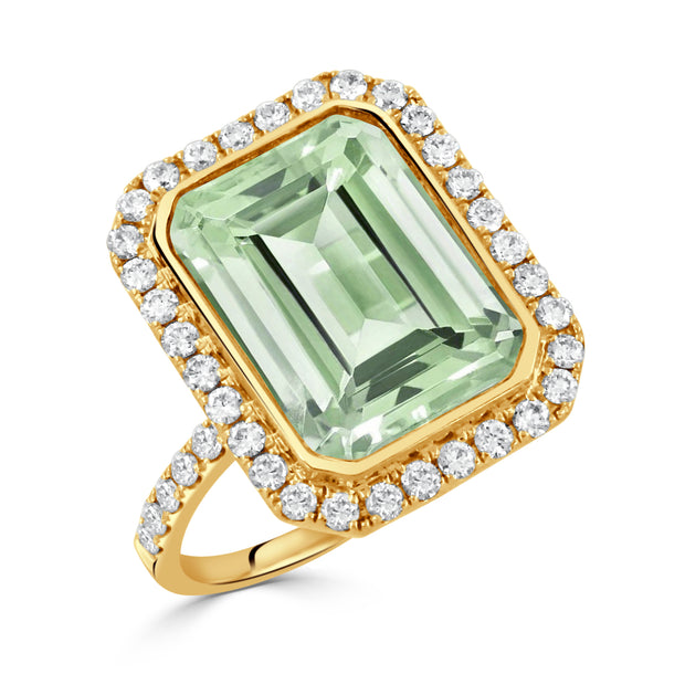 18K YELLOW GOLD DIAMOND RING WITH GREEN AMETHYST CENTER STONE