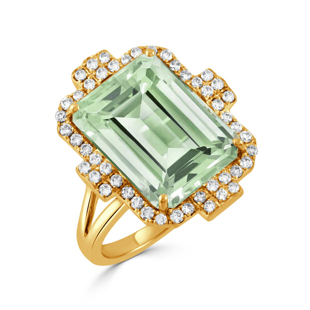 18K YELLOW GOLD DIAMOND RING WITH GREEN AMETHYST CENTER