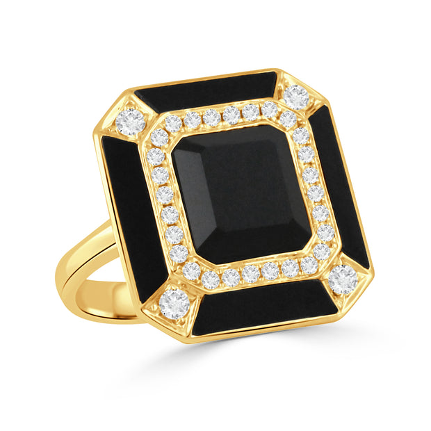 18K YELLOW GOLD DIAMOND RING WITH BLACK ONYX