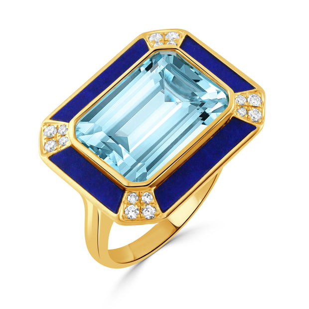 18K YELLOW GOLD DIAMOND RING WITH LAPIS BORDERS AND SKY BLUE TOPAZ CENTER STONE