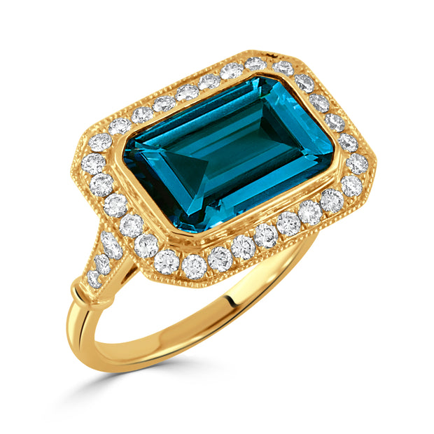 18K YELLOW GOLD DIAMOND RING WITH LONDON BLUE TOPAZ CENTER