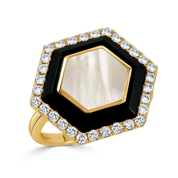 18K YELLOW GOLD DIAMOND RING WITH BLACK ONYX AND WHITE MOTHER OF PEARL CENTER