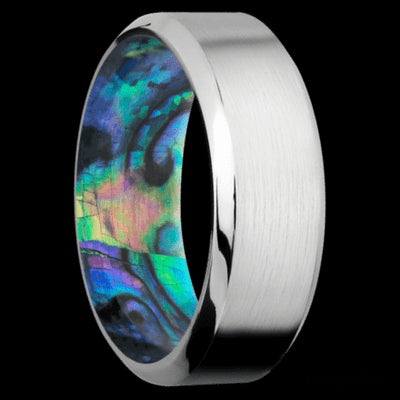 8 mm wide High Bevel Cobalt Chrome band featuring a Abalone sleeve.