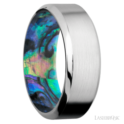 8 mm wide High Bevel Cobalt Chrome band featuring a Abalone sleeve.