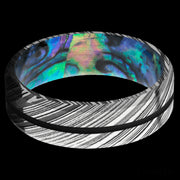 7 mm wide/Beveled/Woodgrain band with one 1 mm Centered inlay of Black also featuring a Abalone sleeve.