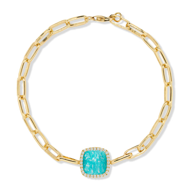 18K YELLOW GOLD DIAMOND PAPERCLIP BRACELET WITH CLEAR QUARTZ OVER AMAZONITE