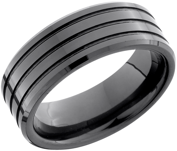 Black Ceramic 8mm flat band with beveled edges and 3, 1mm grooves