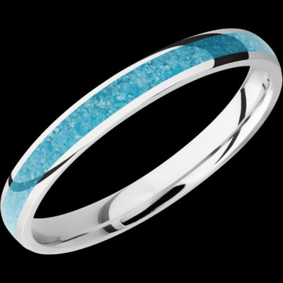 3 mm wide/Domed/Cobalt Chrome band with one 2 mm Centered inlay of Turquoise.