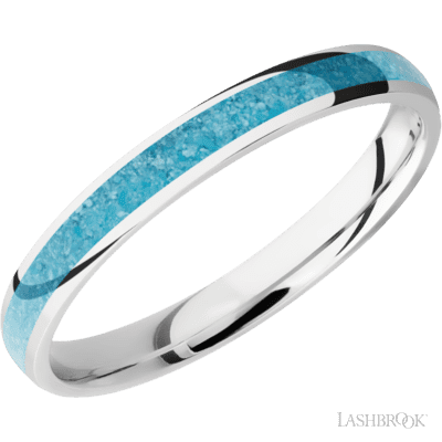 3 mm wide/Domed/Cobalt Chrome band with one 2 mm Centered inlay of Turquoise.
