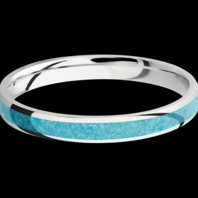 3 mm wide/Domed/Cobalt Chrome band with one 2 mm Centered inlay of Turquoise.