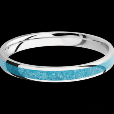 3 mm wide/Domed/Cobalt Chrome band with one 2 mm Centered inlay of Turquoise.