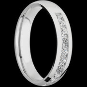 5 mm wide/Domed/Cobalt Chrome band with a Half Eternity arrangement of .07 carat Round Diamond stones in a Channel setting.