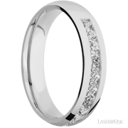 5 mm wide/Domed/Cobalt Chrome band with a Half Eternity arrangement of .07 carat Round Diamond stones in a Channel setting.