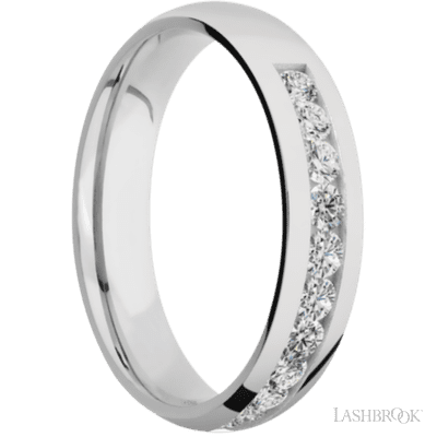 5 mm wide/Domed/Cobalt Chrome band with a Half Eternity arrangement of .07 carat Round Diamond stones in a Channel setting.