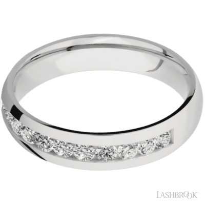 5 mm wide/Domed/Cobalt Chrome band with a Half Eternity arrangement of .07 carat Round Diamond stones in a Channel setting.
