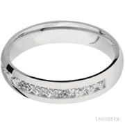 5 mm wide/Domed/Cobalt Chrome band with a Half Eternity arrangement of .07 carat Round Diamond stones in a Channel setting.